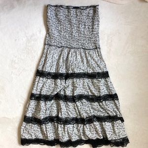 100% Cotton White Black Floral with Lace Smocked Sleeveless Dress